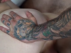 Trans pussyguy with tattoos rides cock of busty TS MILF