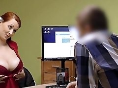 Aroused redhead flashes tits during job interview and fucks like a pro