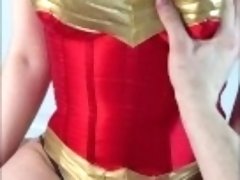 Busty girl in red corset is making me cum, slowmo cumshot by a handjob