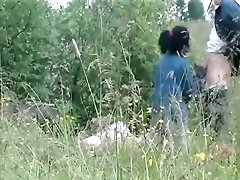 Voyeur BJ and sex in a field