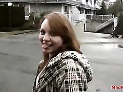 Girl in a cute coat sucks a dick outdoors